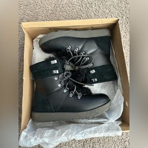 UGG Viki Waterproof Black Leather Fur Boots Womens